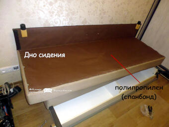 Внутренние детали закрыты Фото дивана с перевёрнутым сидением дно которого закрыто полипропиленом